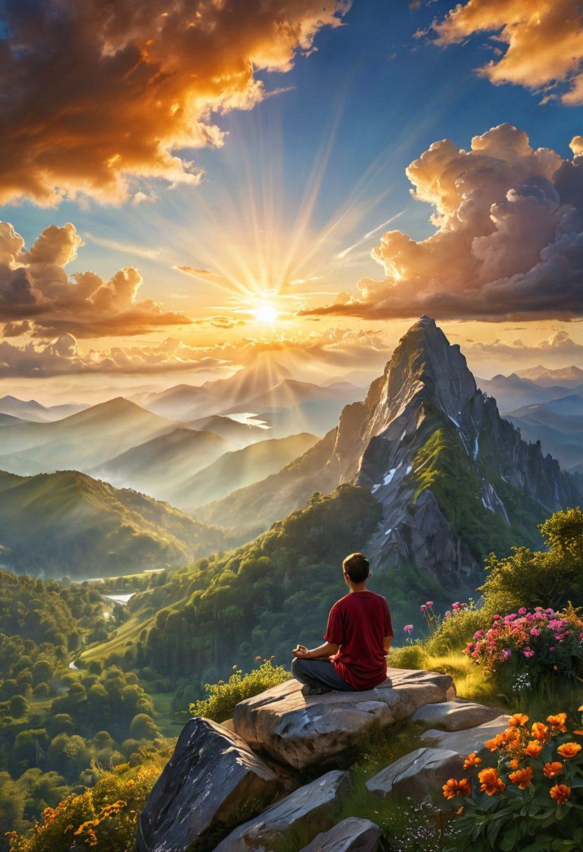 A serene landscape featuring a person meditating on a mountain peak at sunrise, surrounded by soft clouds and vibrant sun rays illuminating the scene, symbolizing peace and joy. Include elements of nature, such as blooming flowers and lush greenery, to enhance the feeling of happiness and contentment. The person should have a look of tranquility and fulfillment. painterly style. warm colors. soft focus.