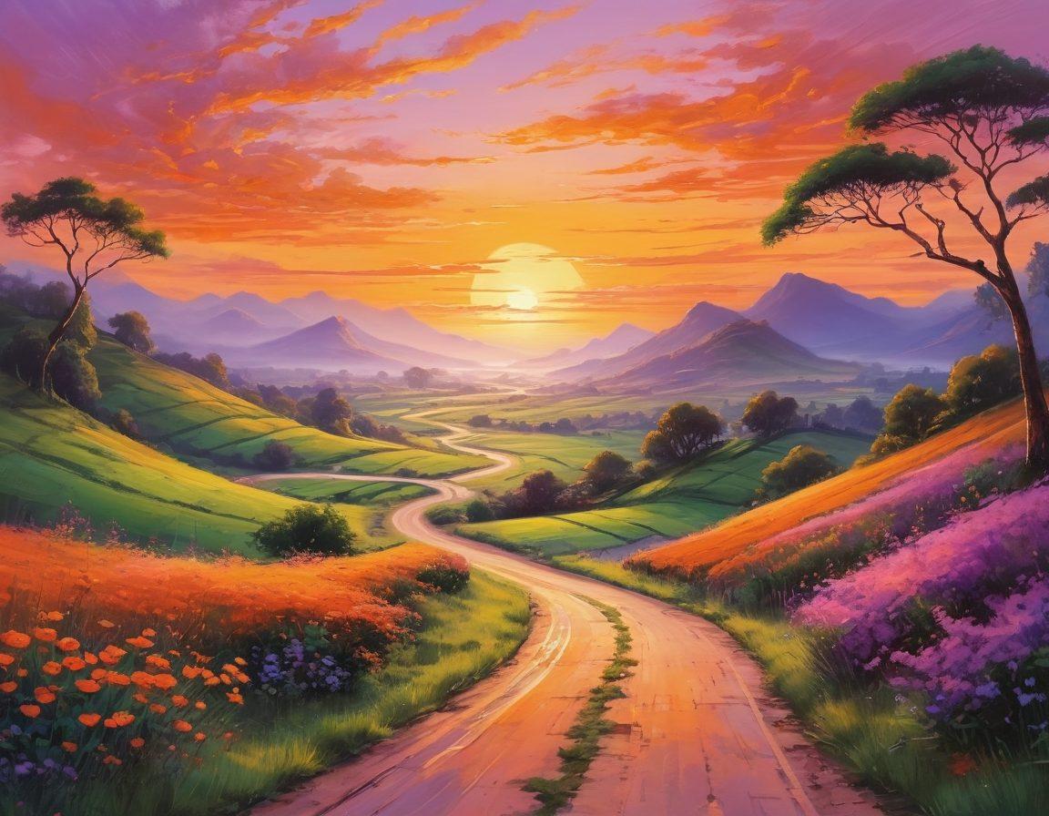 A serene landscape depicting a vibrant sunrise over a winding road, symbolizing the journey to happiness. Along the road, signposts with words like 'Elation', 'Joy', 'Contentment', and 'Satisfaction' guide the way. Lush greenery on either side with people strolling happily, expressing various emotions from joy to contentment. The sky painted in warm hues of orange, pink, and purple to evoke feelings of peace and hope. super-realistic. vibrant colors. tranquil atmosphere.