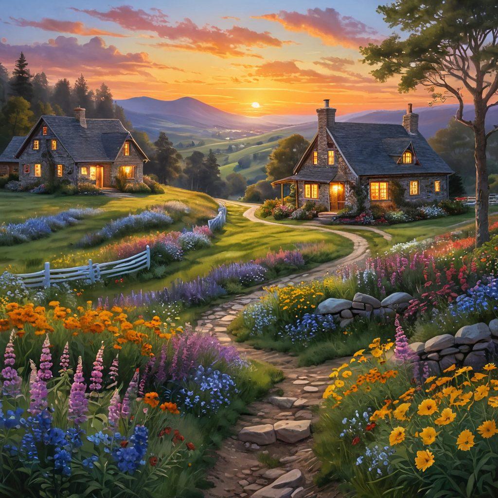 A serene landscape with a sun setting over rolling hills, dotted with vibrant wildflowers in full bloom. A winding path leads towards a cozy cottage with smoke gently rising from the chimney, symbolizing warmth and contentment. In the foreground, a diverse group of people of different ages joyfully engaging in activities like painting, reading, and playing music, representing the essence of a cheerful life. Bright colors and soft lighting create an inviting and uplifting atmosphere. super-realistic. vibrant colors.